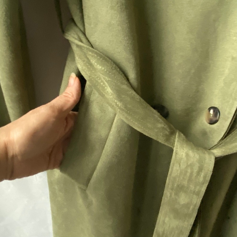 Love for Humanity Double Breasted Couture Trench Coat Women L Olive Faux Suede - Picture 6 of 13
